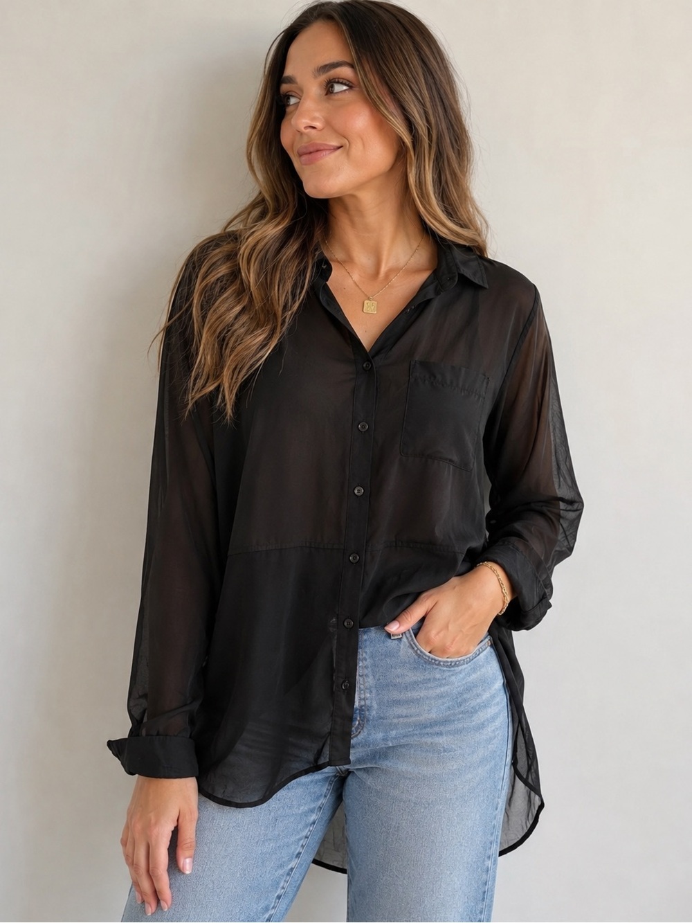 316. FREE PEOPLE SHEER BOTTON DOWN BLOUSE